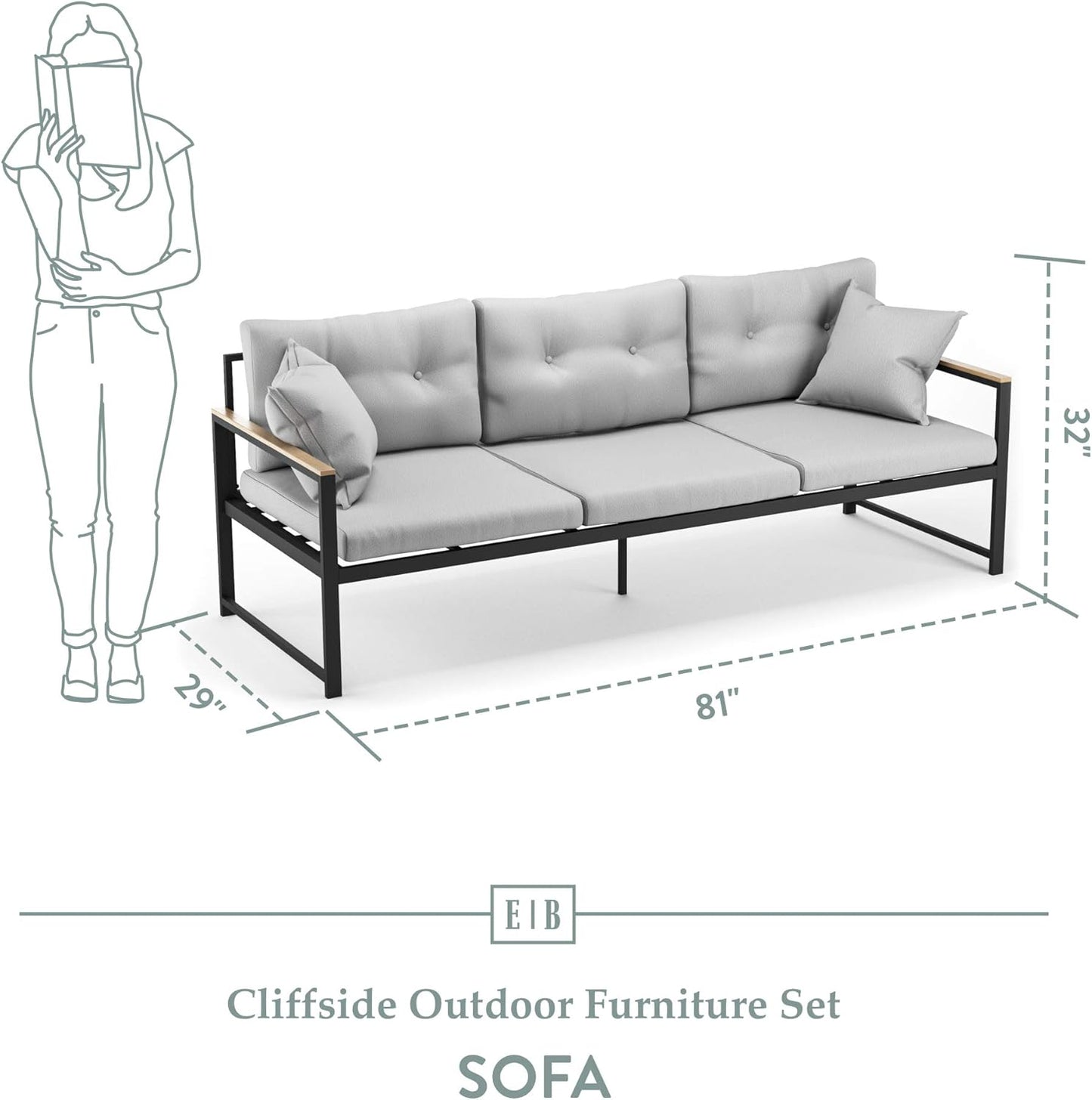 Cliffside Metal Patio Furniture - Mix and Match Modern Outdoor Furniture Pieces, Metal Sofa with Cushions
