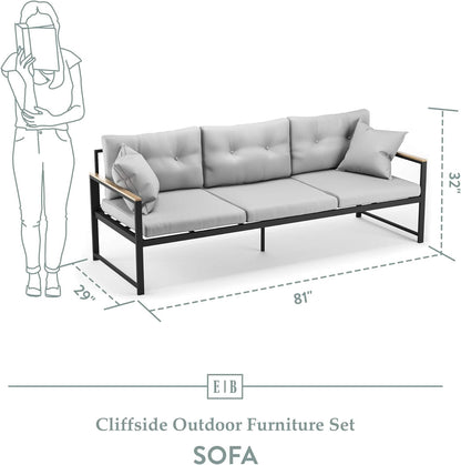 Cliffside Metal Patio Furniture - Mix and Match Modern Outdoor Furniture Pieces, Metal Sofa with Cushions